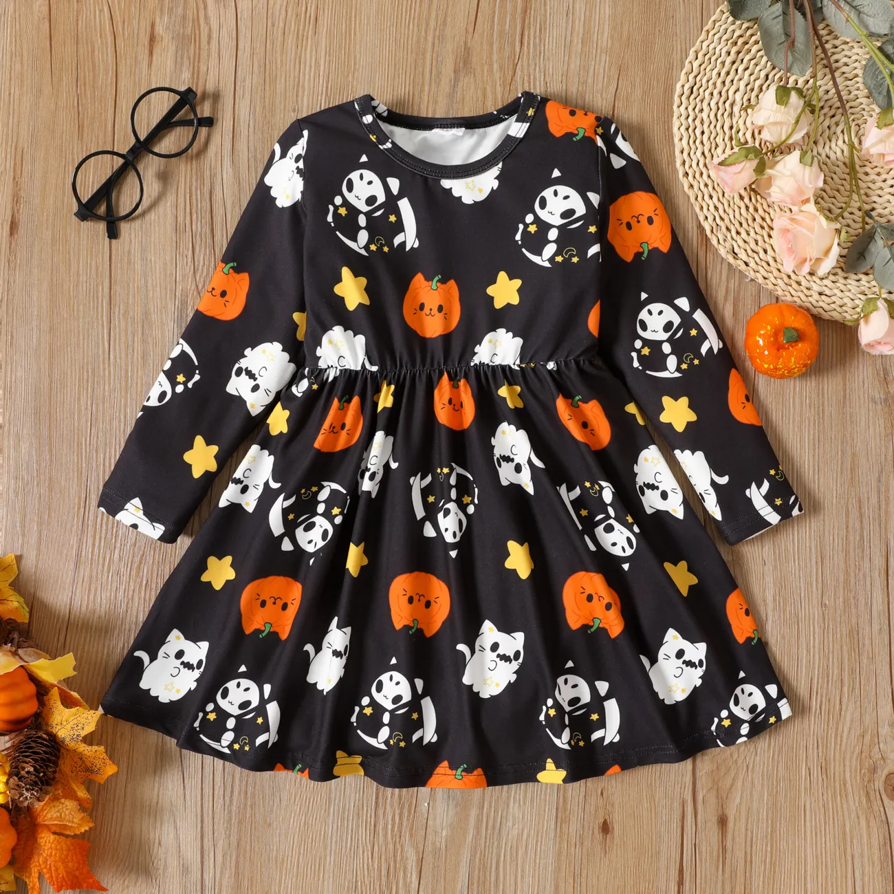 Toddler Girl Halloween Ghost Print Long-sleeve Dress  big image 1
