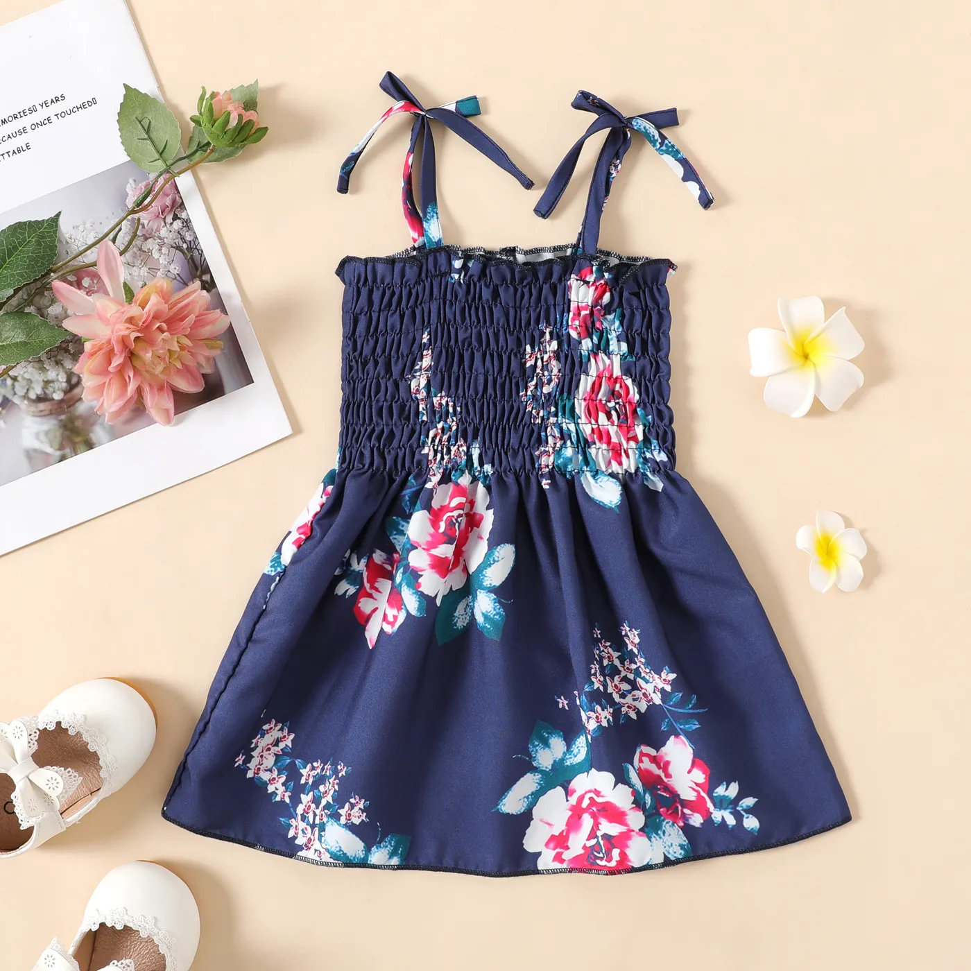 Baby Girl Floral Print Blue Shirred Cami Dress