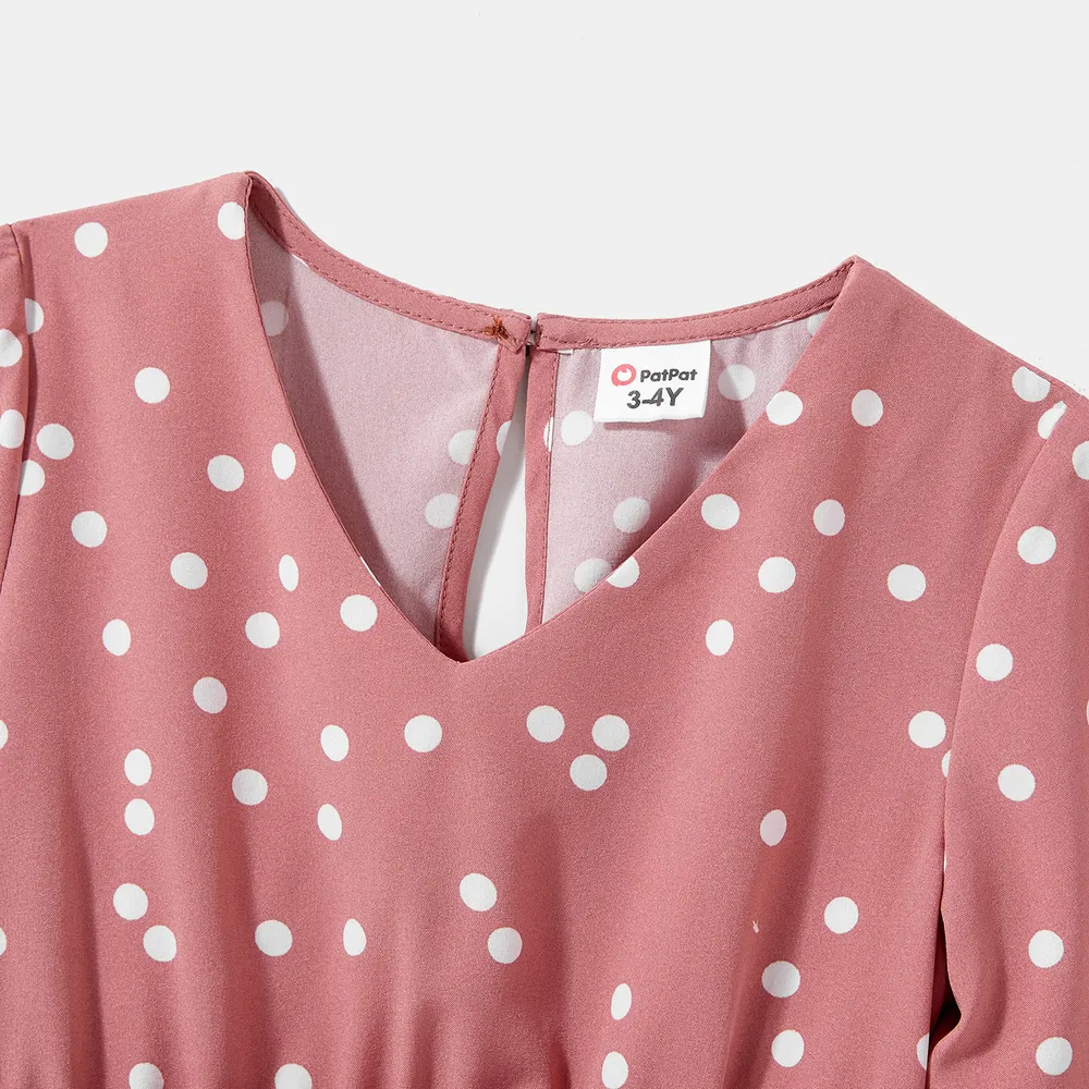 Family Matching Polka Dot Print V Neck Belted Ruffle Hem Bell Sleeve Dresses and Plaid Shirts Sets  big image 14