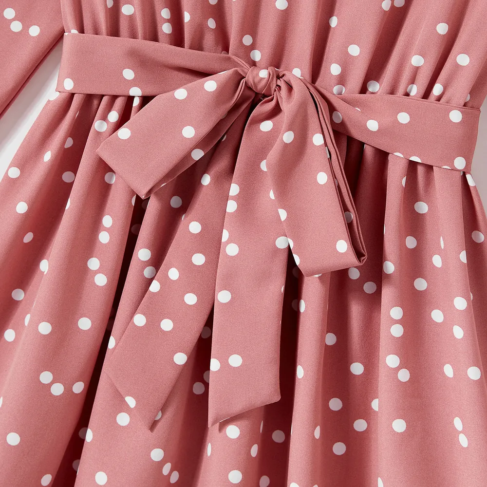 Family Matching Polka Dot Print V Neck Belted Ruffle Hem Bell Sleeve Dresses and Plaid Shirts Sets big image 12