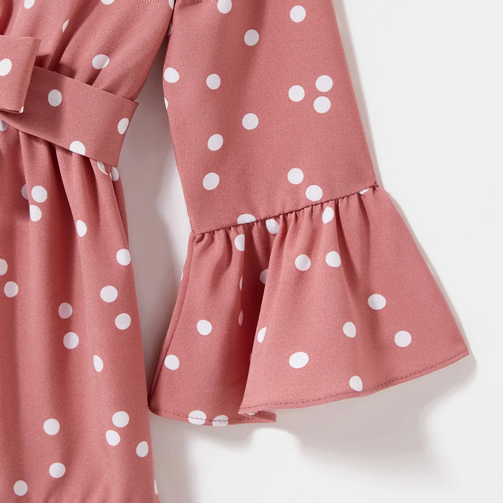 Family Matching Polka Dot Print V Neck Belted Ruffle Hem Bell Sleeve Dresses and Plaid Shirts Sets big image 11