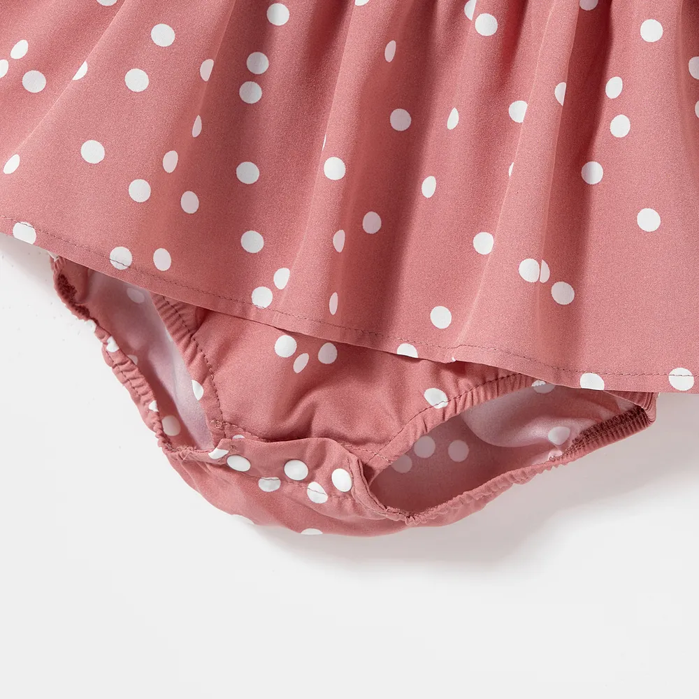 Family Matching Polka Dot Print V Neck Belted Ruffle Hem Bell Sleeve Dresses and Plaid Shirts Sets big image 4