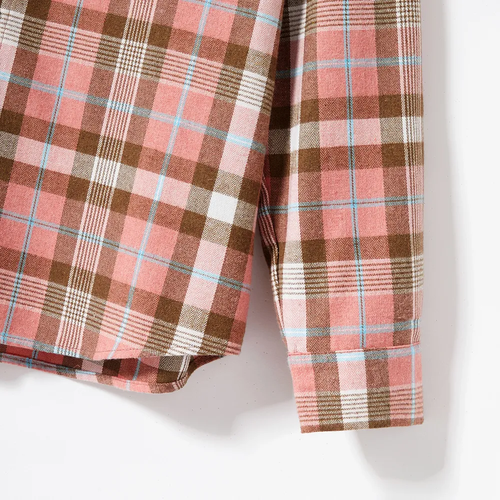 Family Matching Polka Dot Print V Neck Belted Ruffle Hem Bell Sleeve Dresses and Plaid Shirts Sets big image 10