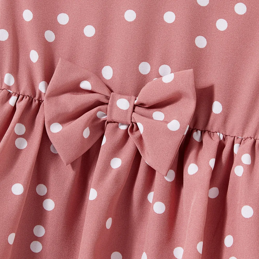 Family Matching Polka Dot Print V Neck Belted Ruffle Hem Bell Sleeve Dresses and Plaid Shirts Sets  big image 3