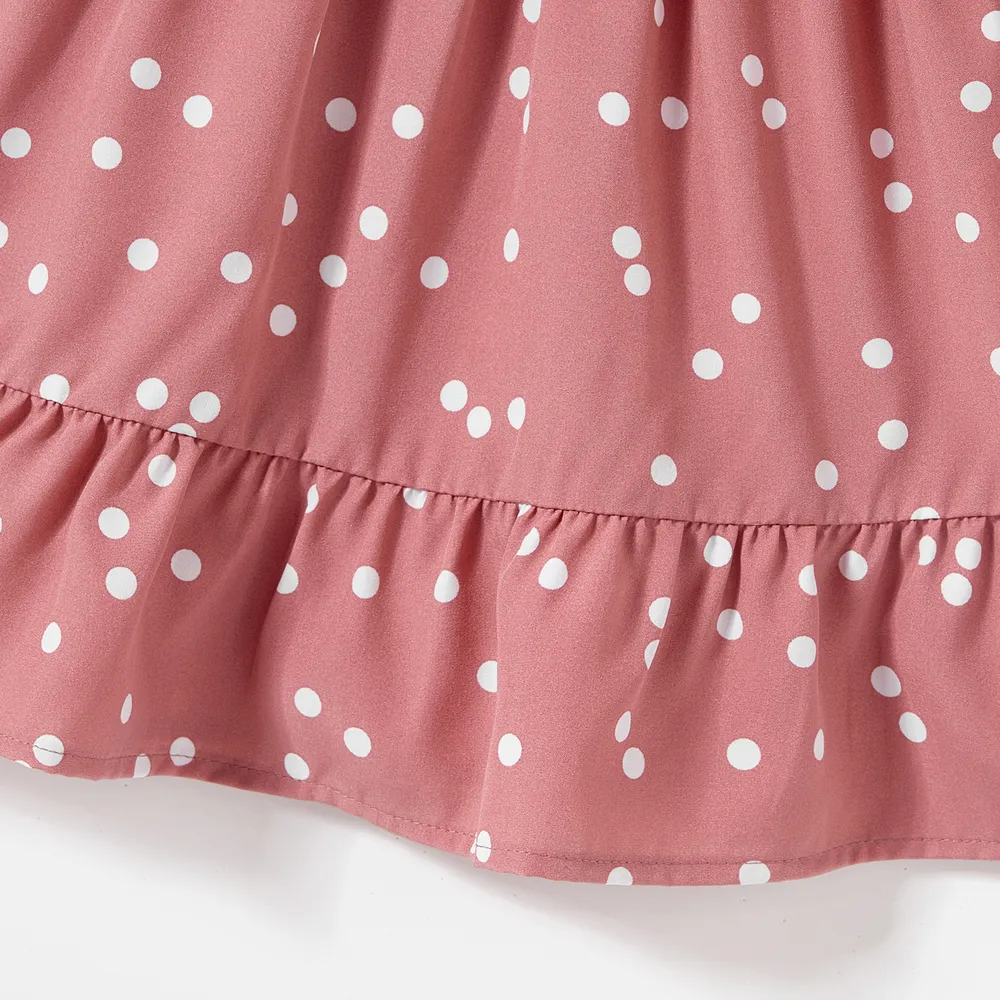 Family Matching Polka Dot Print V Neck Belted Ruffle Hem Bell Sleeve Dresses and Plaid Shirts Sets big image 13