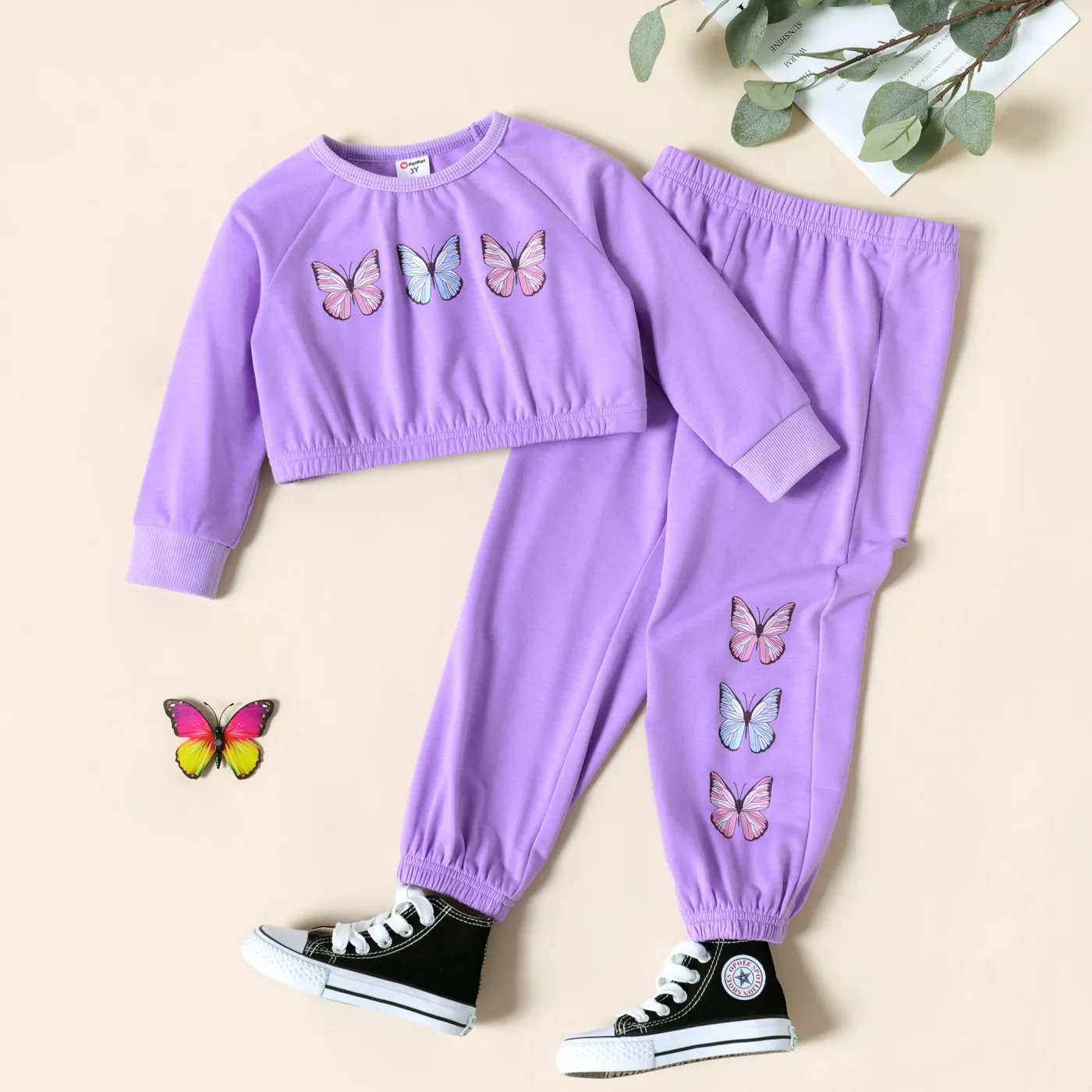 

2pcs Toddler Girl Butterfly Print Crop Sweatshirt and Elasticized Pants Set
