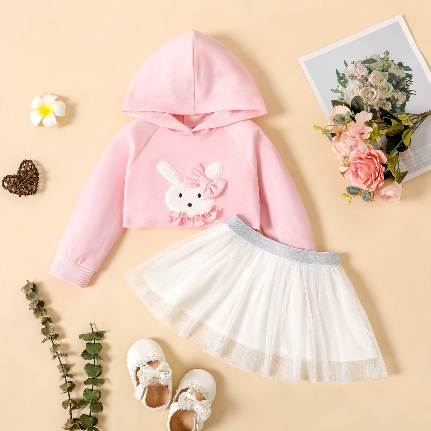 

2pcs Baby Girl Rabbit Design Pink Long-sleeve Crop Hoodie and Mesh Skirt Set