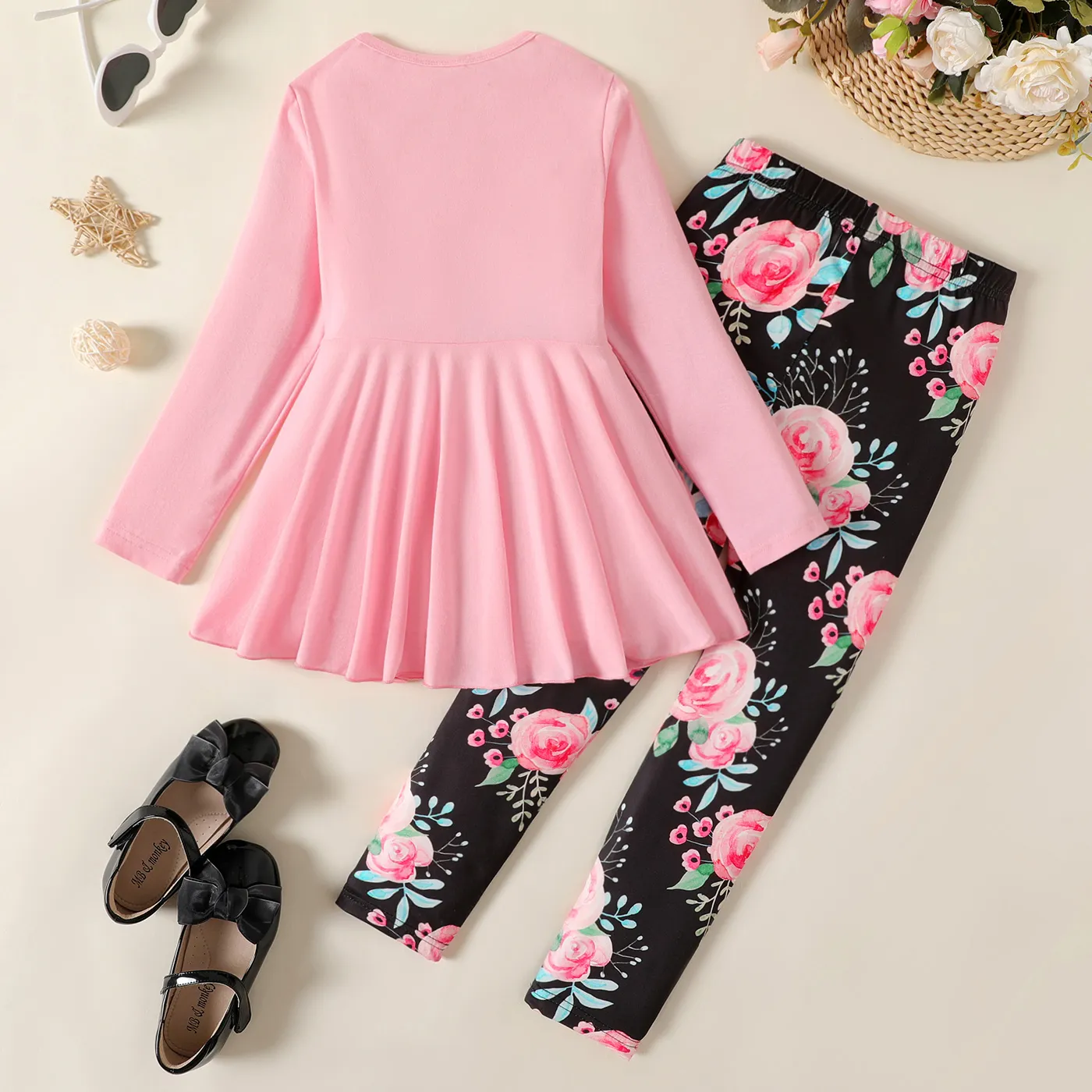 2pcs Kid Girl Bowknot Design Long-sleeve Tee and Floral Print Leggings Set  image 2