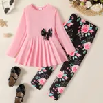 2pcs Kid Girl Bowknot Design Long-sleeve Tee and Floral Print Leggings Set Pink