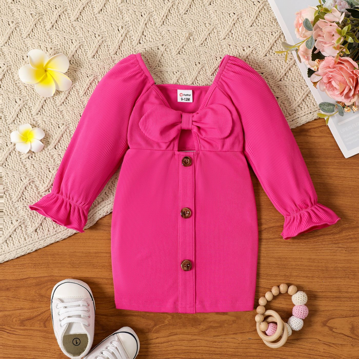 

Baby Girl Button Front Solid Rib Knit Bow Front Cut Out Long-sleeve Dress