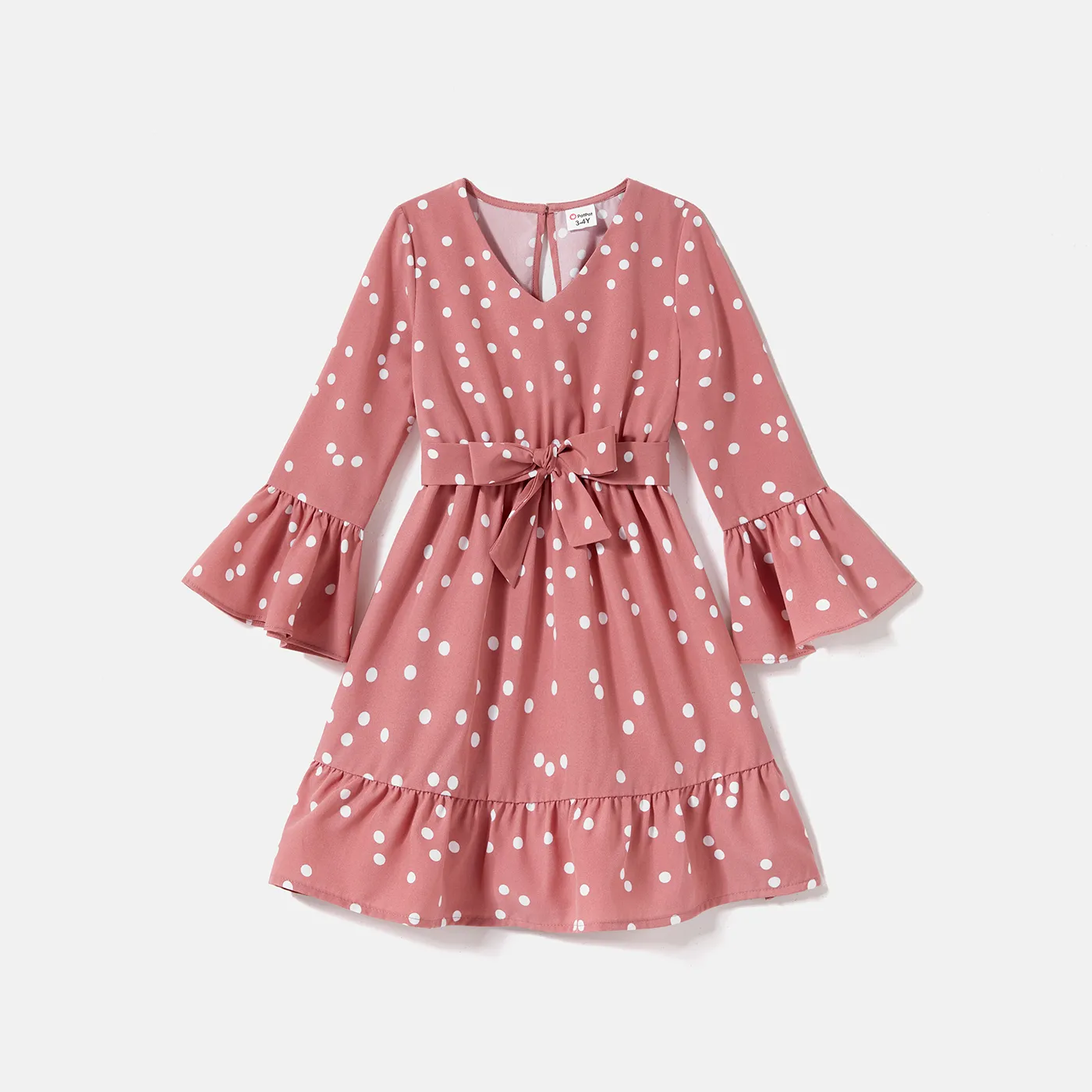 Family Matching Polka Dot Print V Neck Belted Ruffle Hem Bell Sleeve Dresses and Plaid Shirts Sets  big image 8