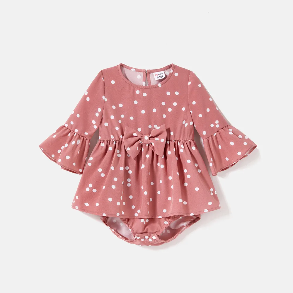 Family Matching Polka Dot Print V Neck Belted Ruffle Hem Bell Sleeve Dresses and Plaid Shirts Sets big image 2