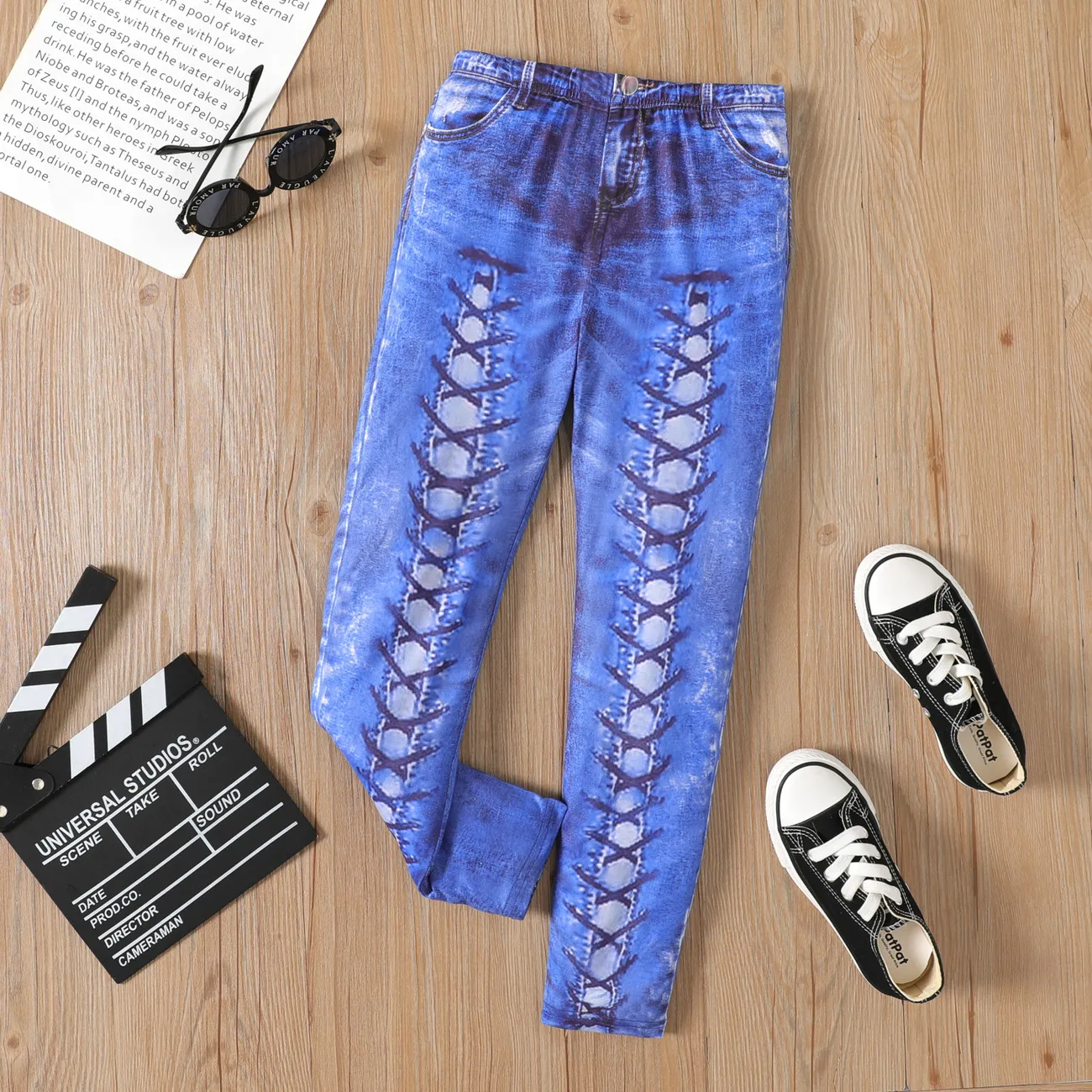 leggings skinny élastiques imprimés à motifs à lacets pour enfants (pas de leggings en denim) Un jean bleu big image 1