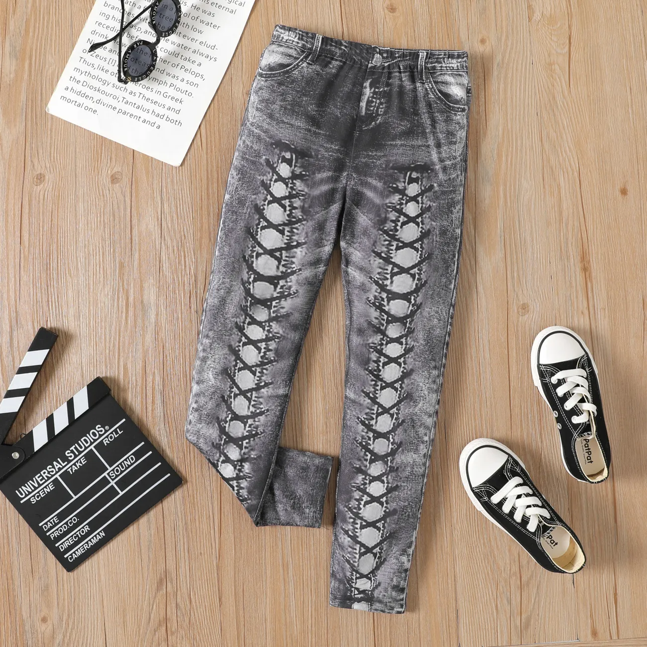 Leggings de calças skinny elásticas estampadas com padrão de renda menina (não leggings jeans) Cinzento big image 1