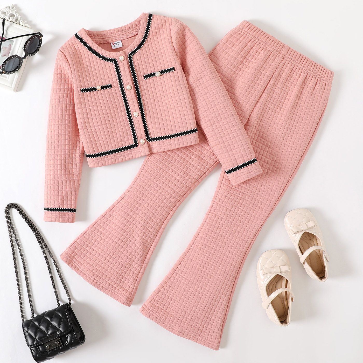 

2pcs Kid Girl Tweed Textured Button Design Long-sleeve Tee and Pink Flared Pants Set