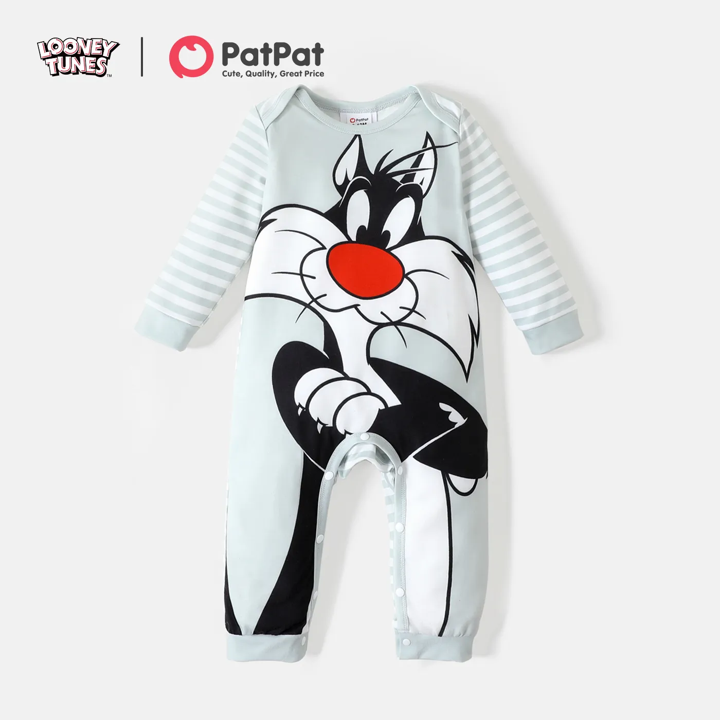 Looney Tunes Baby Boy/Girl Striped Long-sleeve Graphic Jumpsuit Light Grey