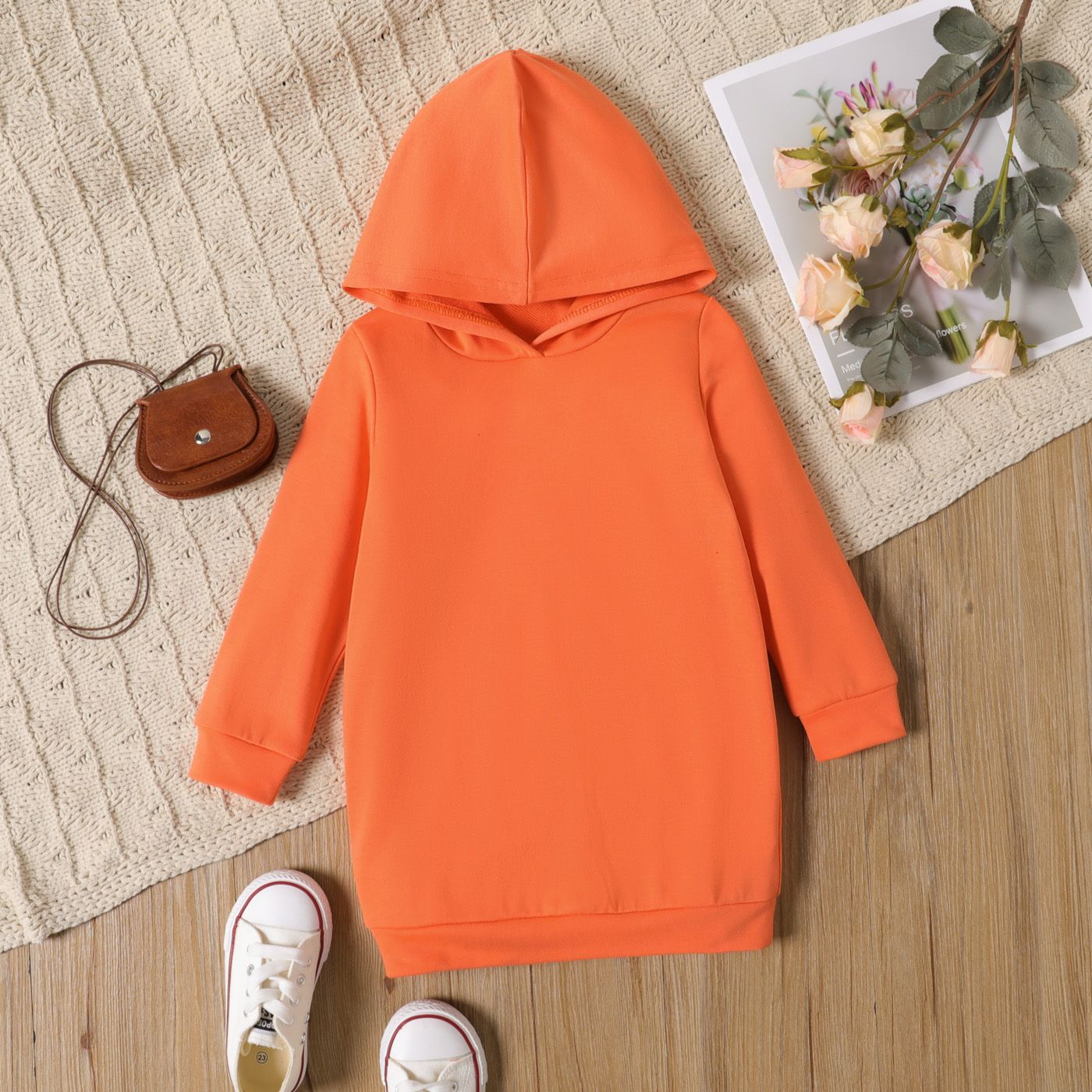 Toddler Girl Solid Color Long-sleeve Hooded Sweatshirt Dress