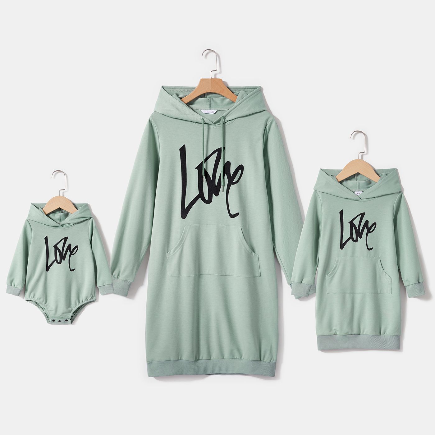 

Letter Print Green Long-sleeve Drawstring Hoodie Dress for Mom and Me