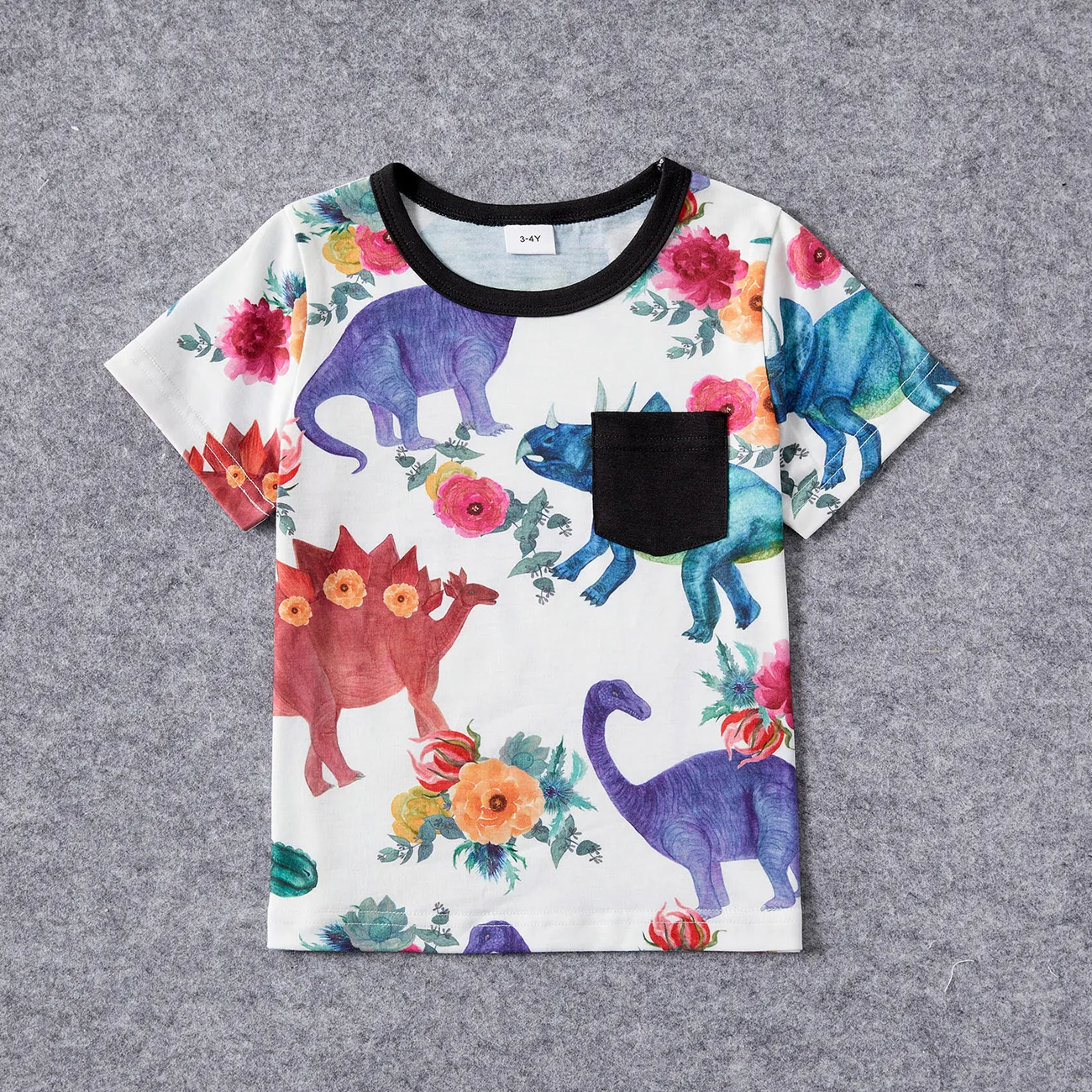 Family Matching Solid Short-sleeve Spliced Allover Dinosaur Print Belted Dresses and T-shirts Sets Colorful big image 1