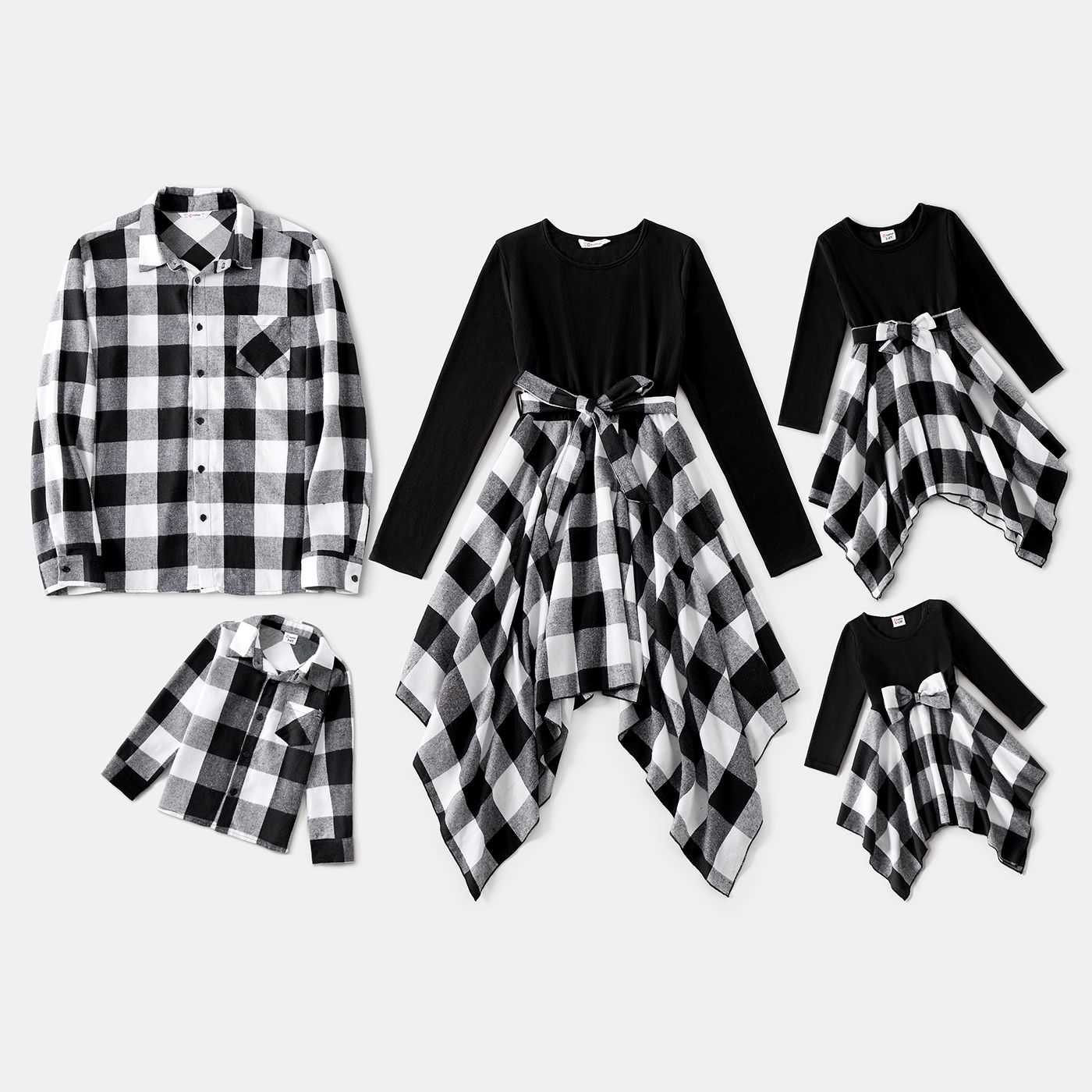 

Family Matching Long-sleeve Solid Spliced Plaid Asymmetric Hem Dresses and Button Up Shirts Sets