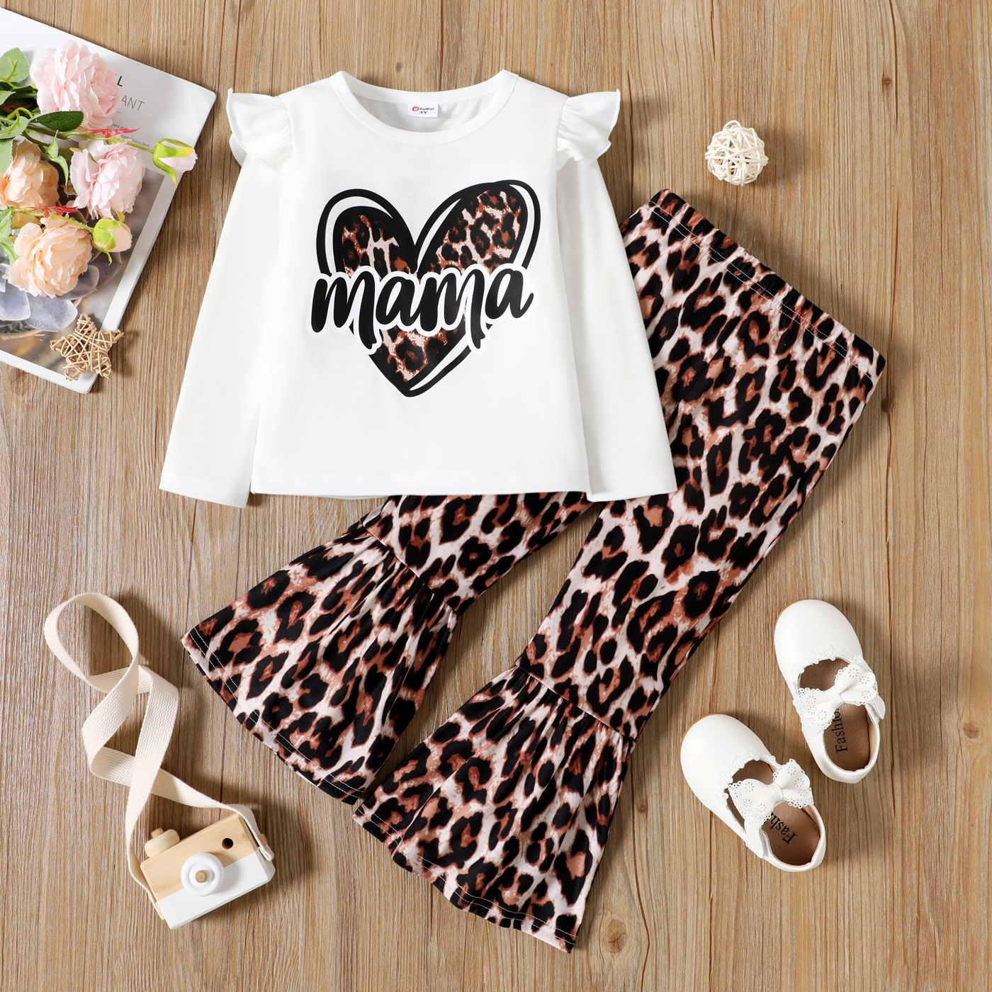 

2pcs Toddler Girl Letter Heart Print Ruffled Long-sleeve Tee and Leopard Print Flared Pants Set