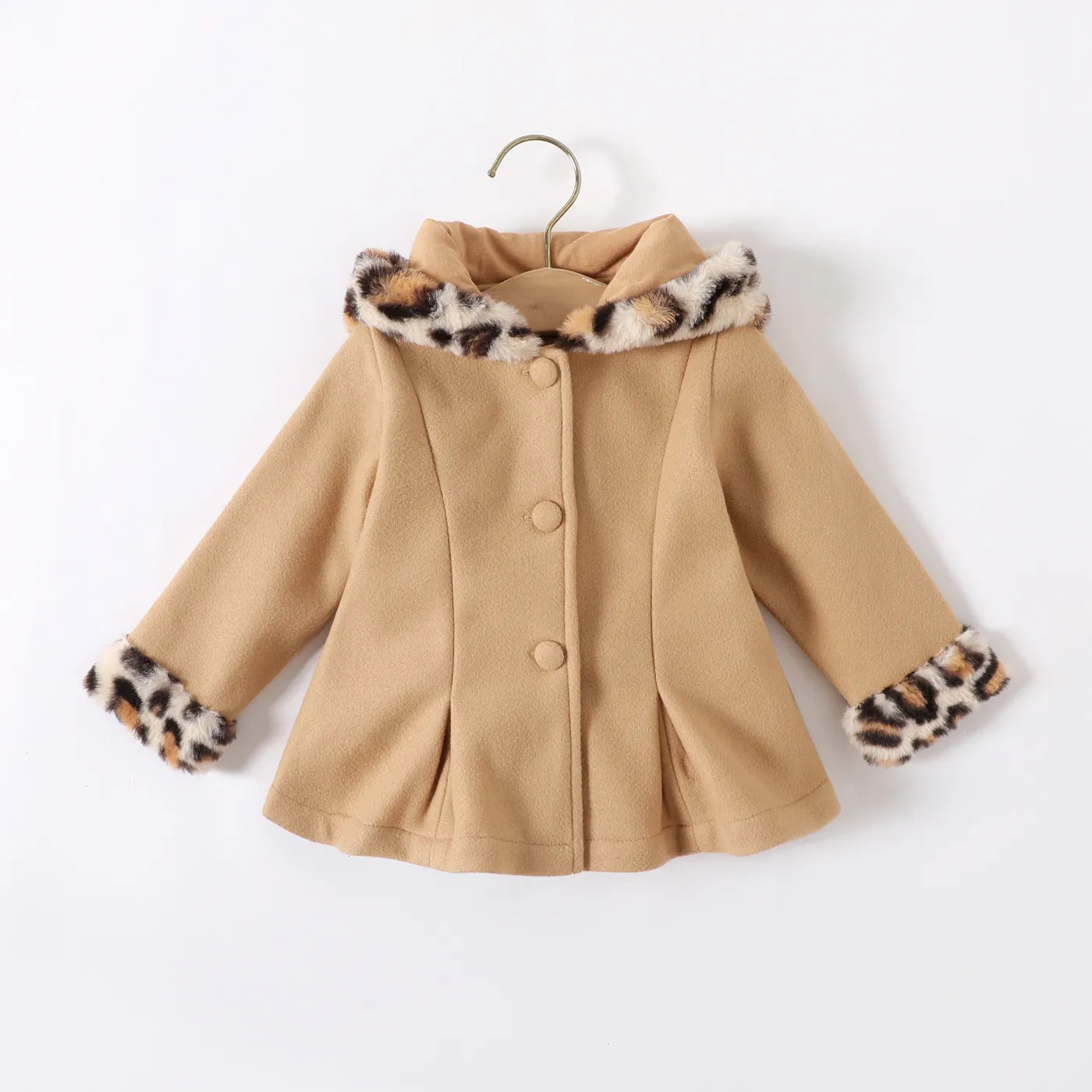 Baby Red Long-sleeve Button Leopard Hooded Wool Blend Coat Khaki