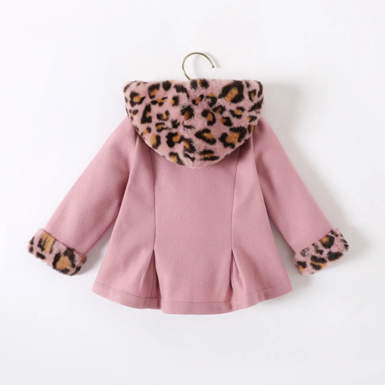 Baby Red Long-sleeve Button Leopard Hooded Wool Blend Coat Pink big image 1