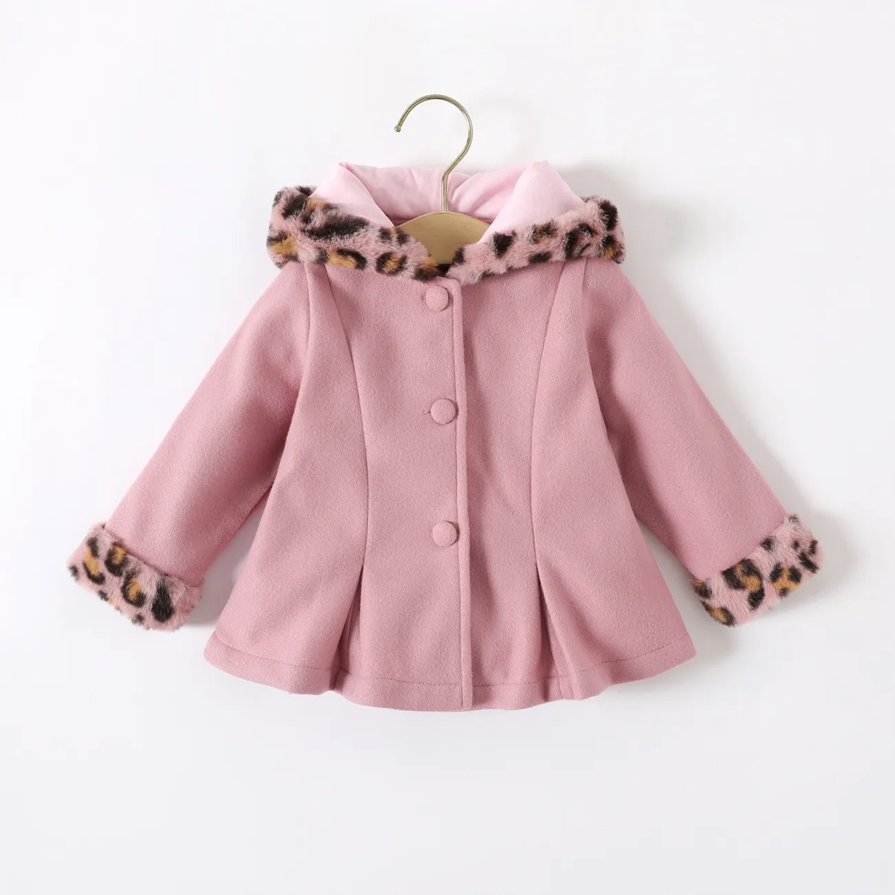 Baby Red Long-sleeve Button Leopard Hooded Wool Blend Coat Pink big image 1
