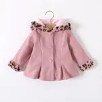 Baby Red Long-sleeve Button Leopard Hooded Wool Blend Coat Pink