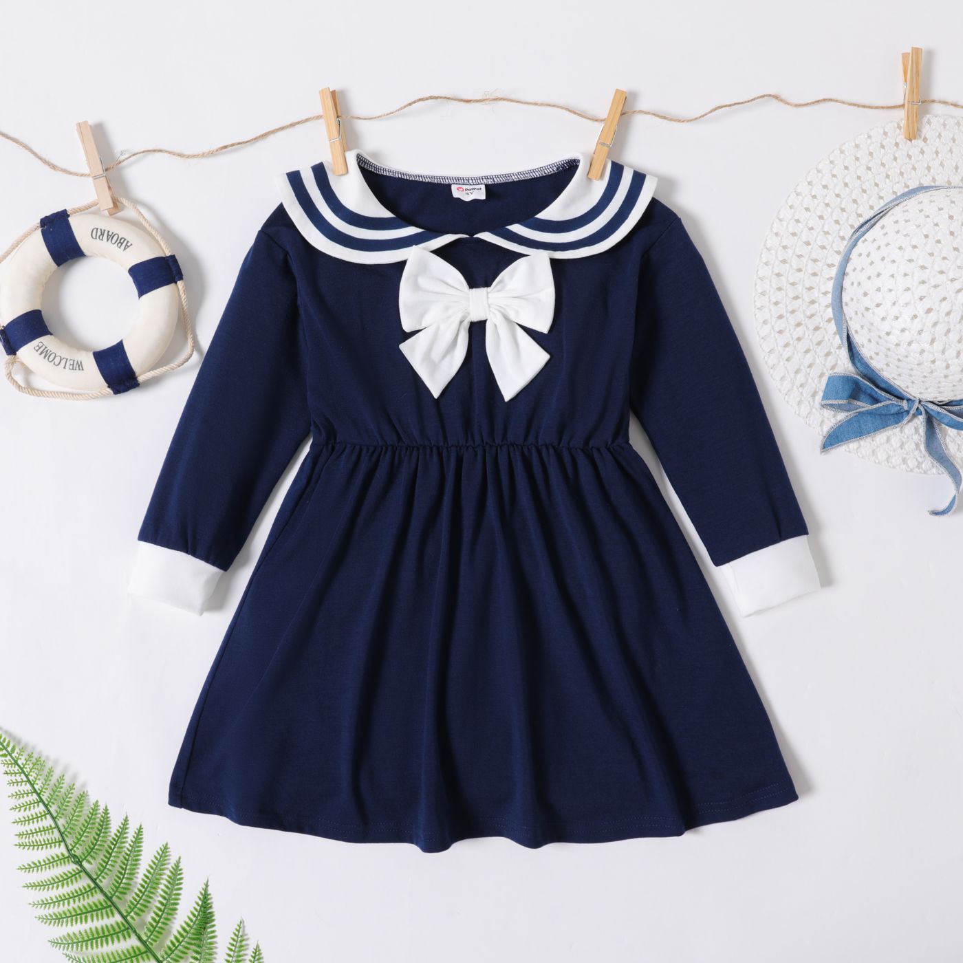 Toddler Girl Preppy style Bowknot Design Long-sleeve Sailor Dress
