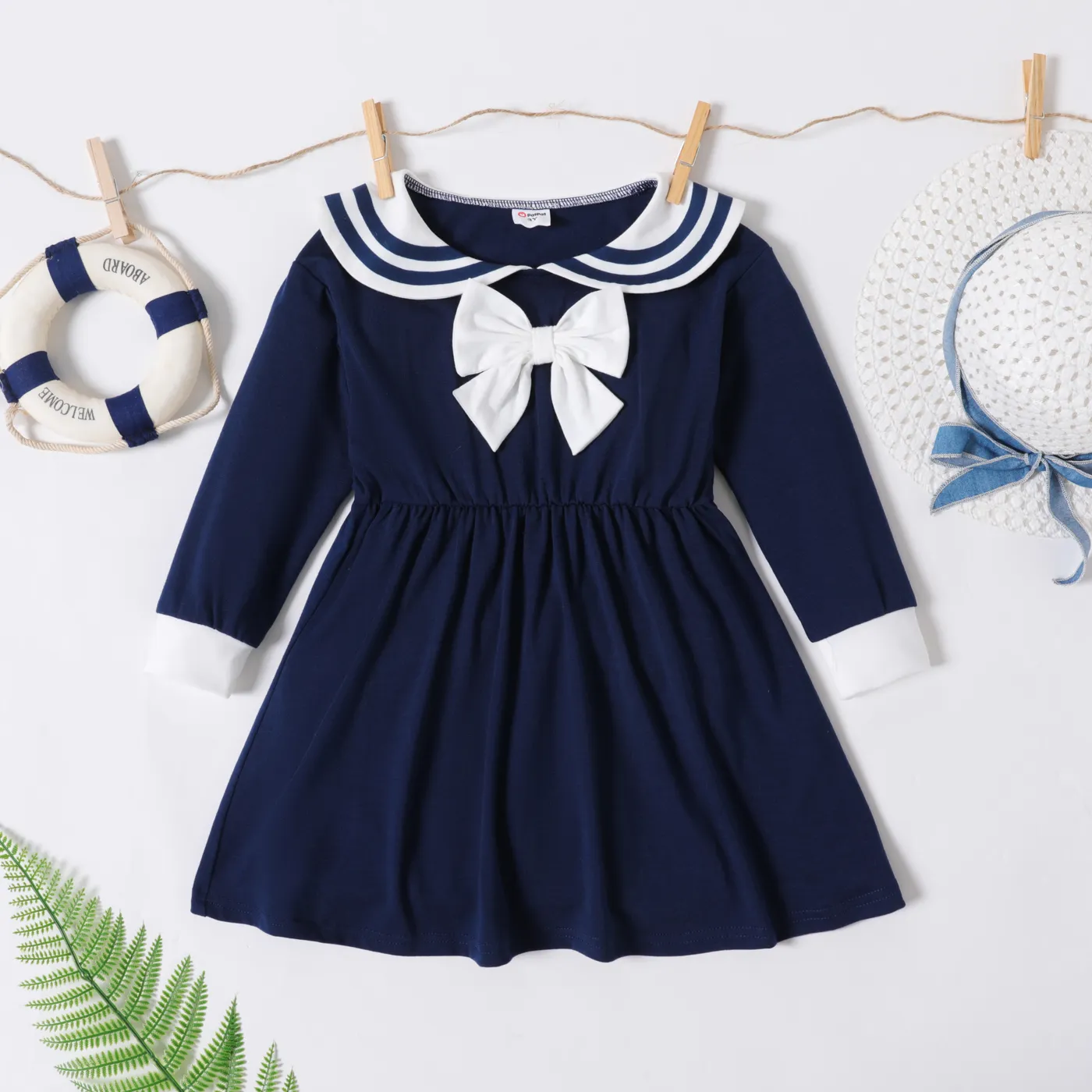 فتاة صغيرة على غرار preppy تصميم bowknot فستان بحار طويل الأكمام الأزرق الملكي big image 1