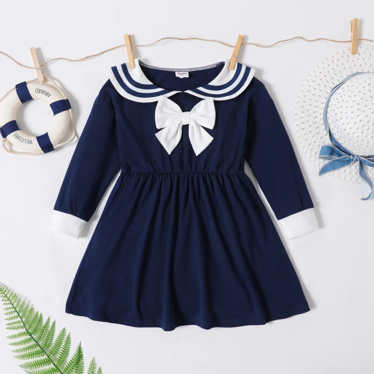 Toddler Girl Preppy style Bowknot Design Long-sleeve Sailor Dress  big image 1