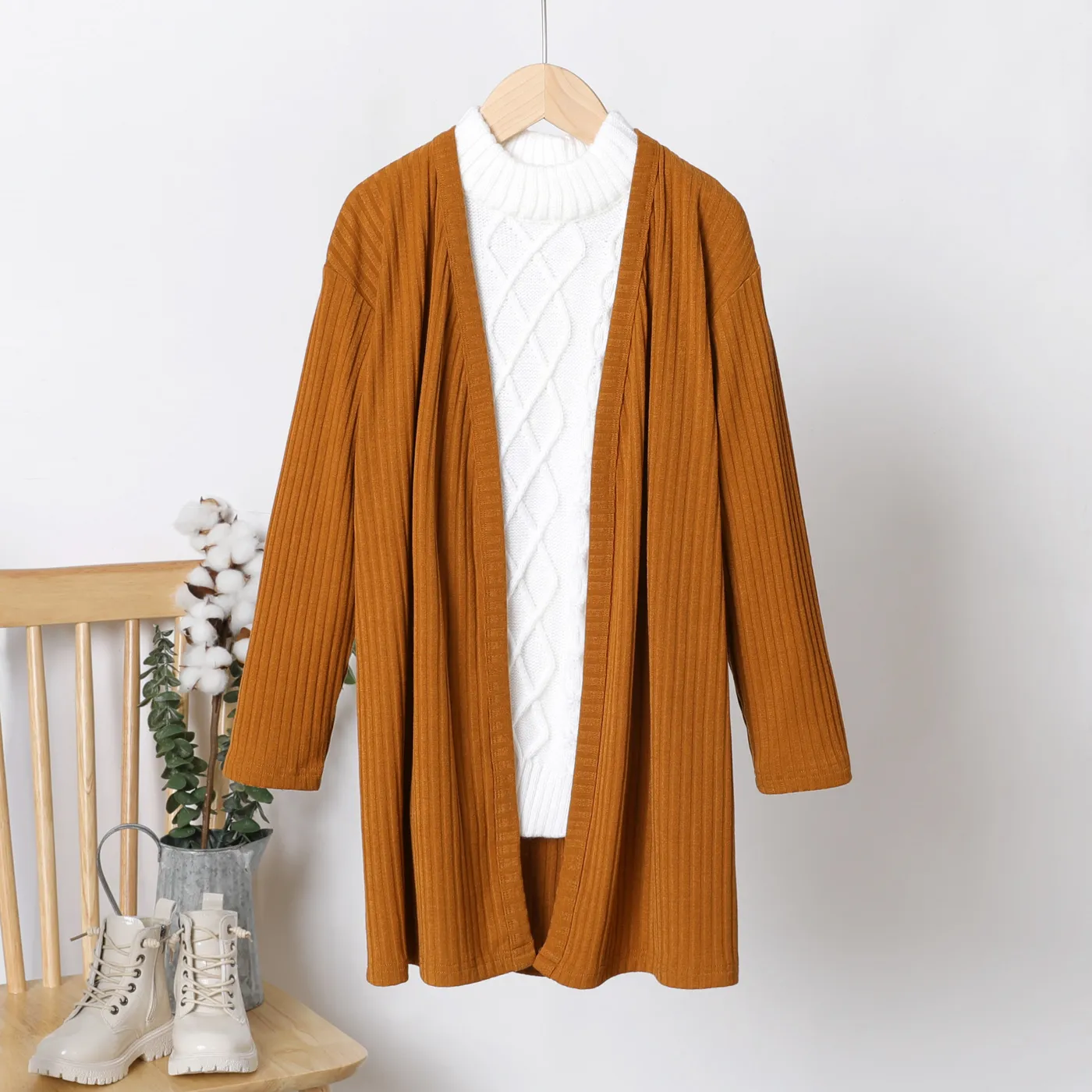 

Kid Girl Solid Color Ribbed Open Front Midi Cardigan Coat