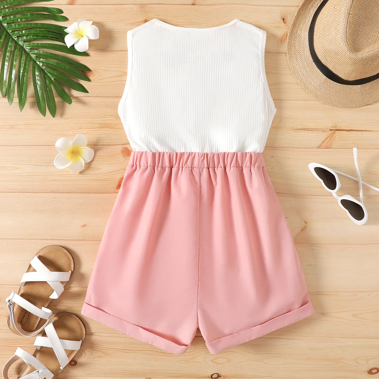 Kid Girl Button Design Sleeveless Belted Splice Rompers Jumpsuits Shorts Pink big image 1