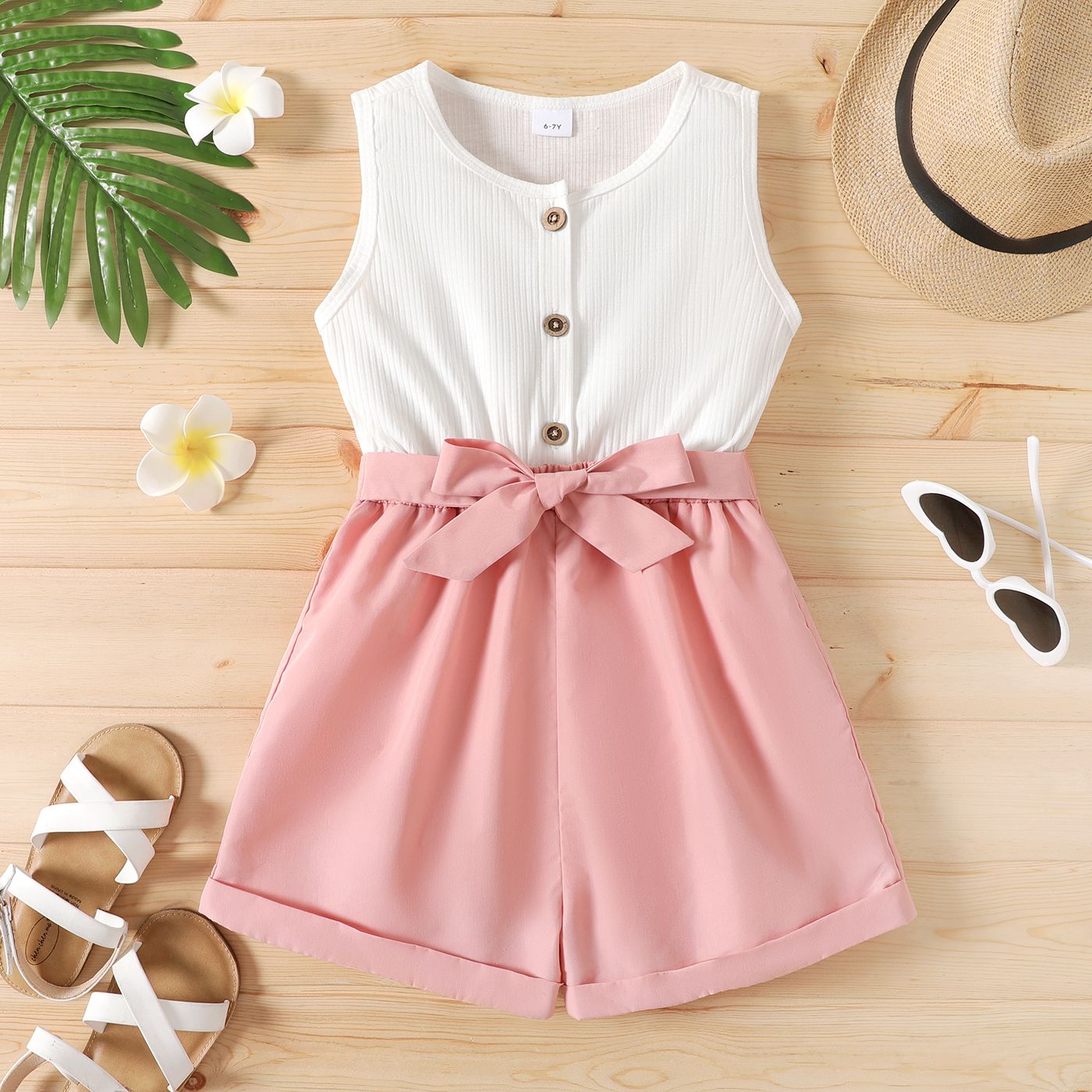 Kid Girl Button Design Sleeveless Belted Splice Rompers Jumpsuits Shorts