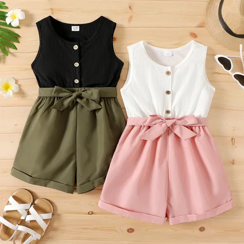 Kid Girl Button Design Sleeveless Belted Splice Rompers Jumpsuits Shorts
