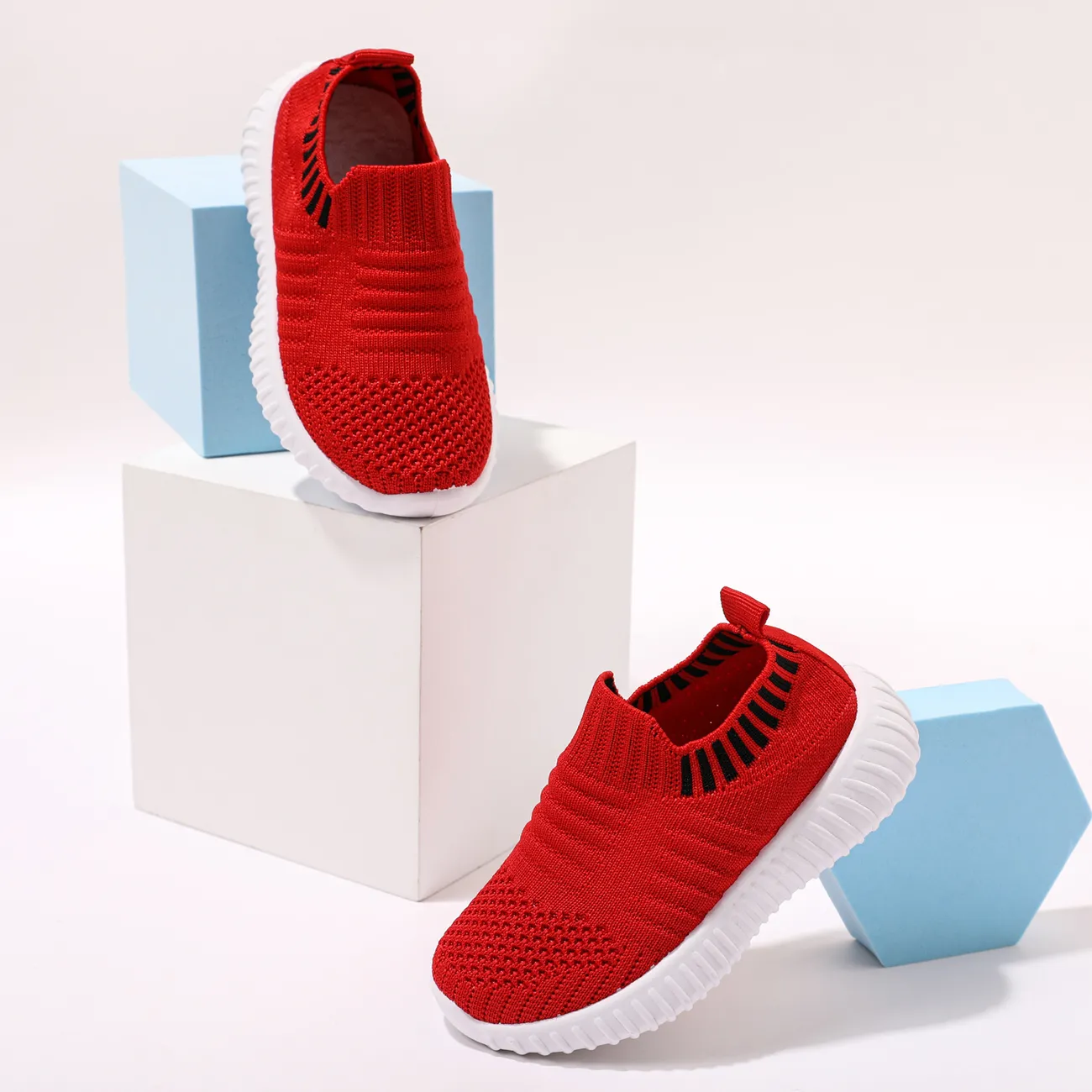 Toddler / Kid Breathable Knitted Solid Sneakers Red big image 1