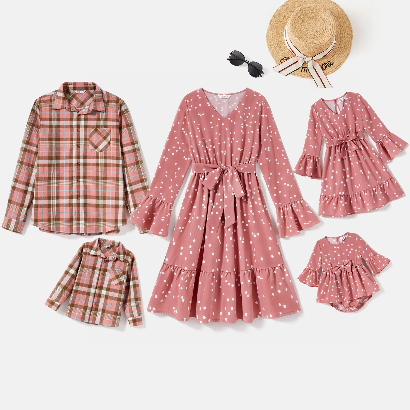 Family Matching Polka Dot Print V Neck Belted Ruffle Hem Bell Sleeve Dresses and Plaid Shirts Sets