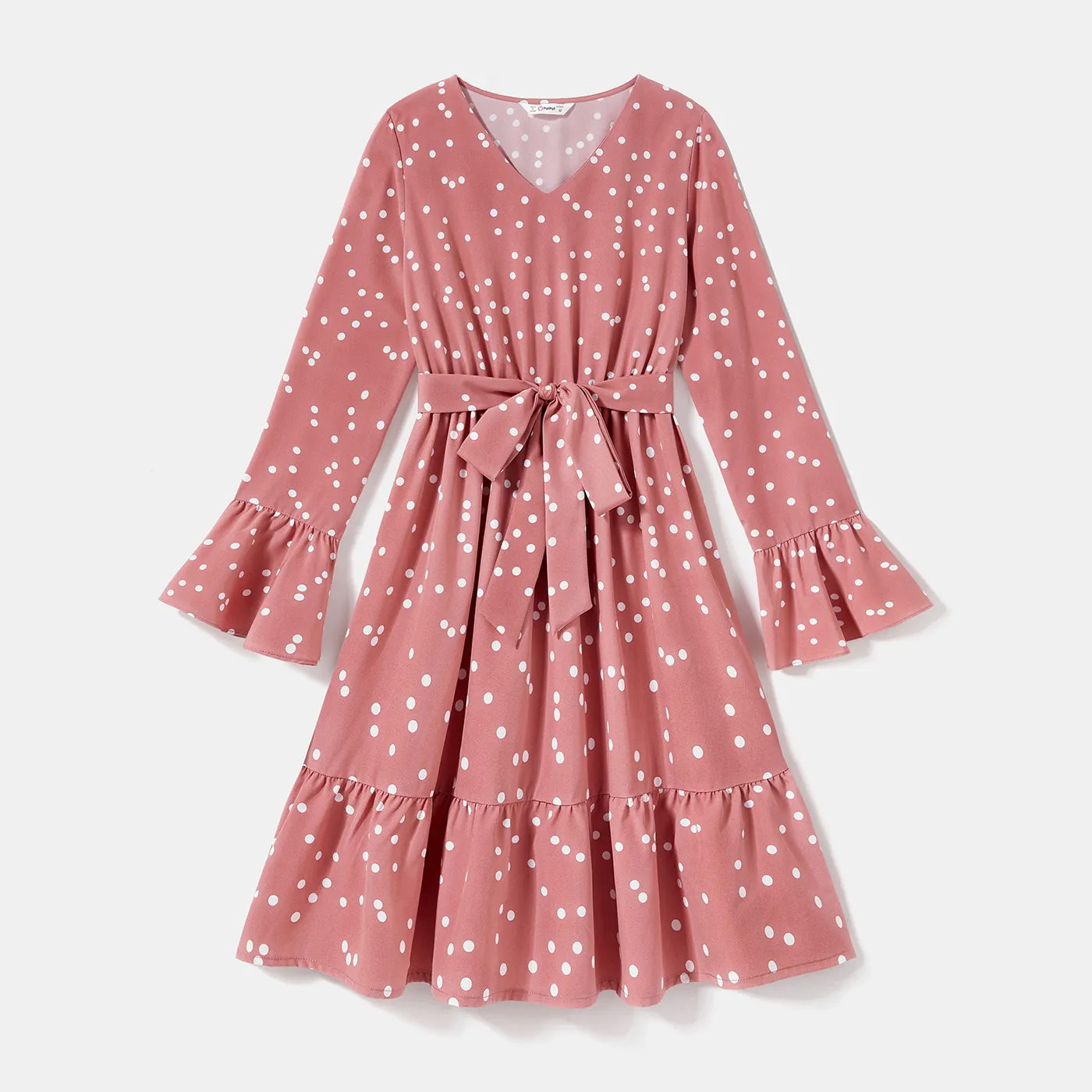 Family Matching Polka Dot Print V Neck Belted Ruffle Hem Bell Sleeve Dresses and Plaid Shirts Sets  image 5