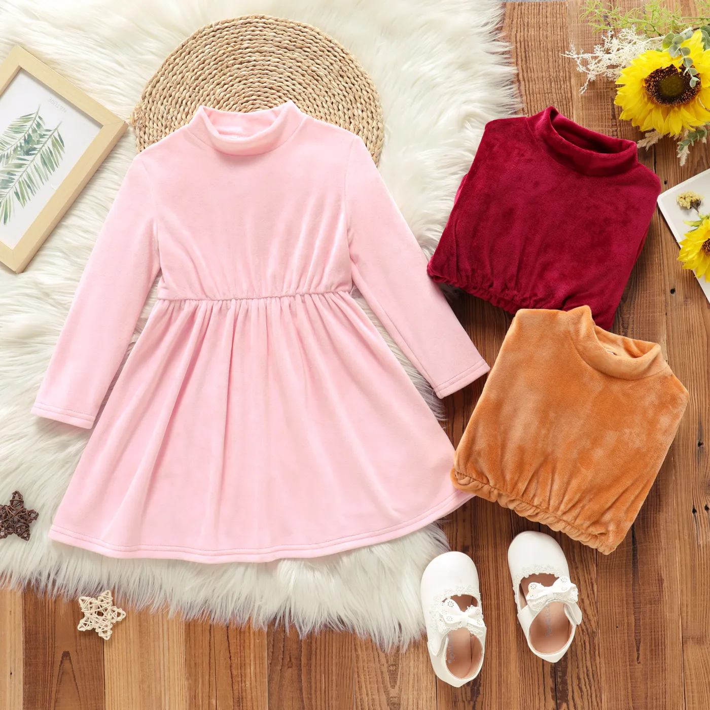 Toddler Girl Solid Color Mock Neck Long-sleeve Velvet Dress