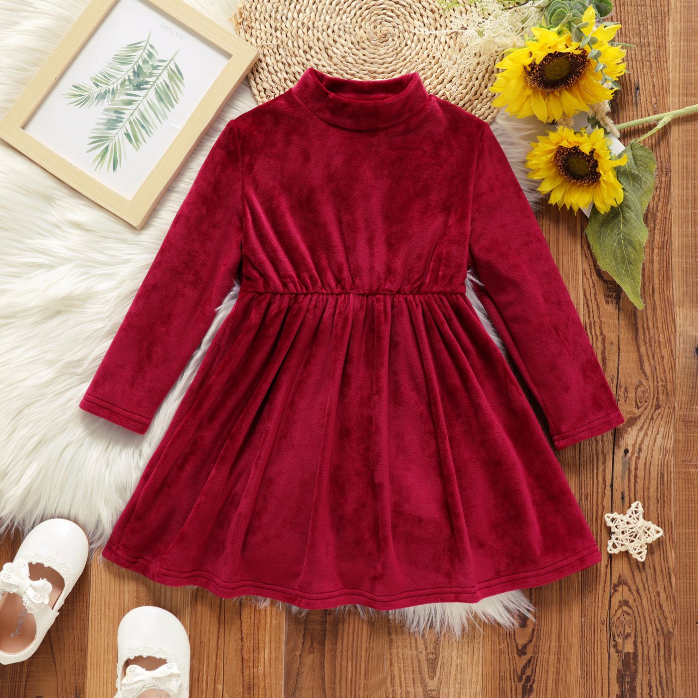 Toddler Girl Solid Color Mock Neck Long-sleeve Velvet Dress