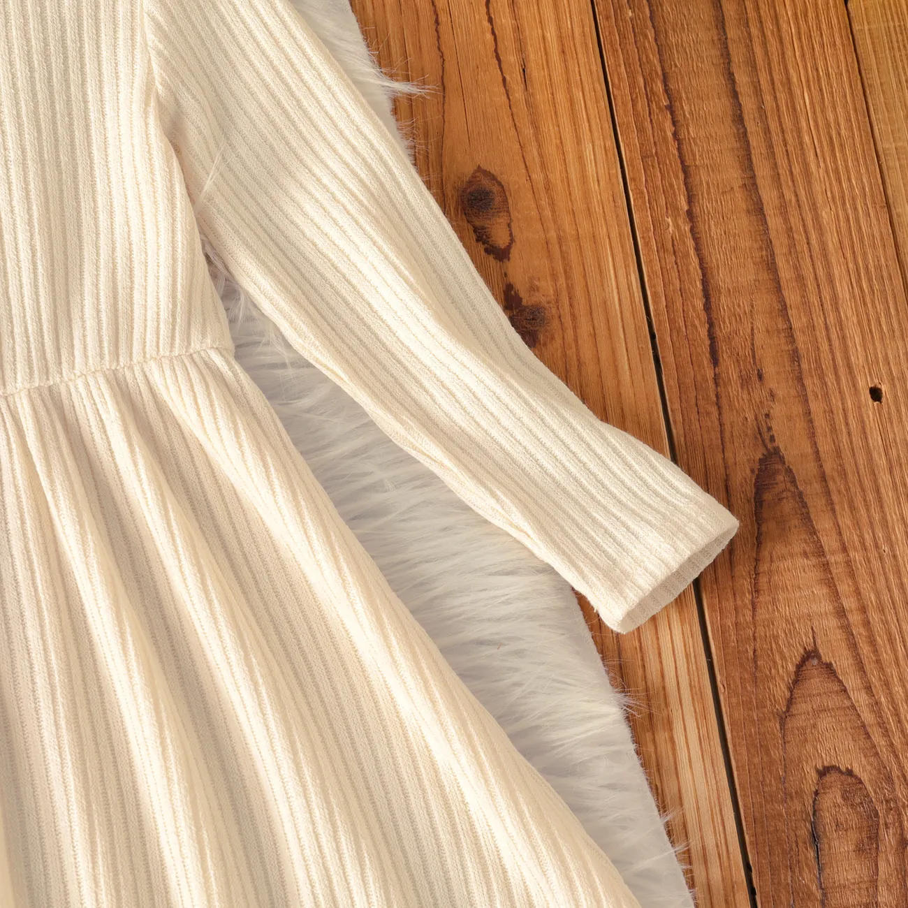 Toddler Girl Turtleneck Solid Color Ribbed Long-sleeve Dress OffWhite big image 1