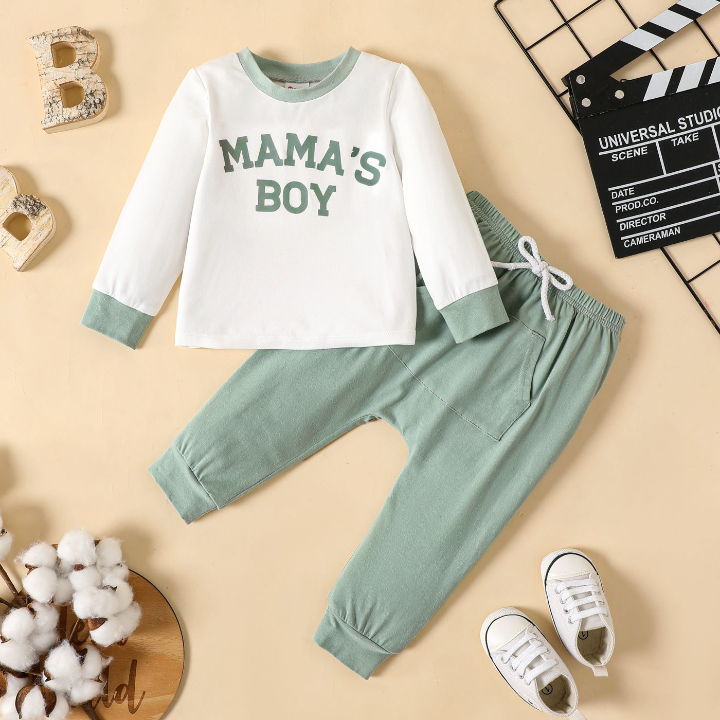 

2pcs Baby Boy 95% Cotton Pants and Letter Print Long-sleeve Pullover Set