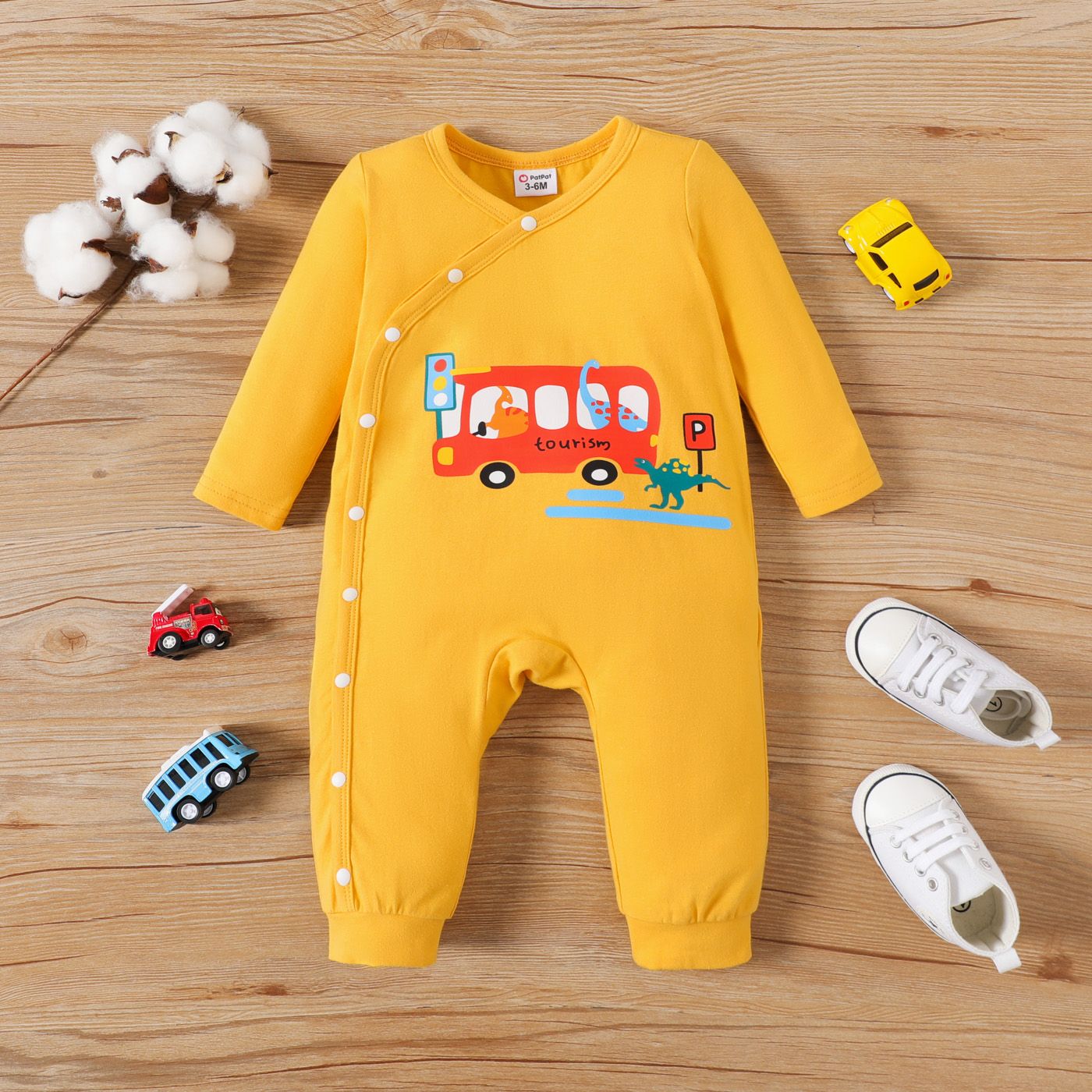 

2-Pack Baby Boy 95% Cotton Long-sleeve Bus & Dinosaur Print Jumpsuits Set