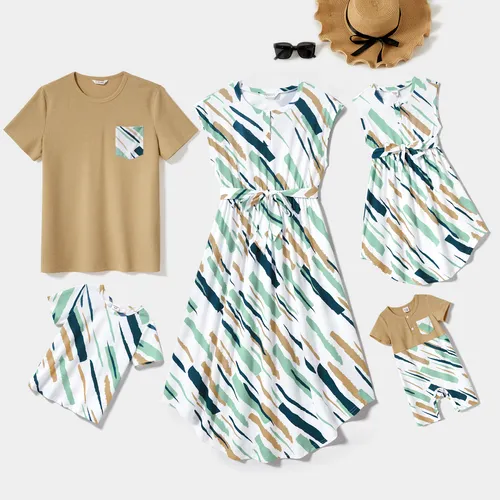 Family Matching Allover Geo Print Sleeveless Belted Dresses and Short-sleeve T-shirts Sets