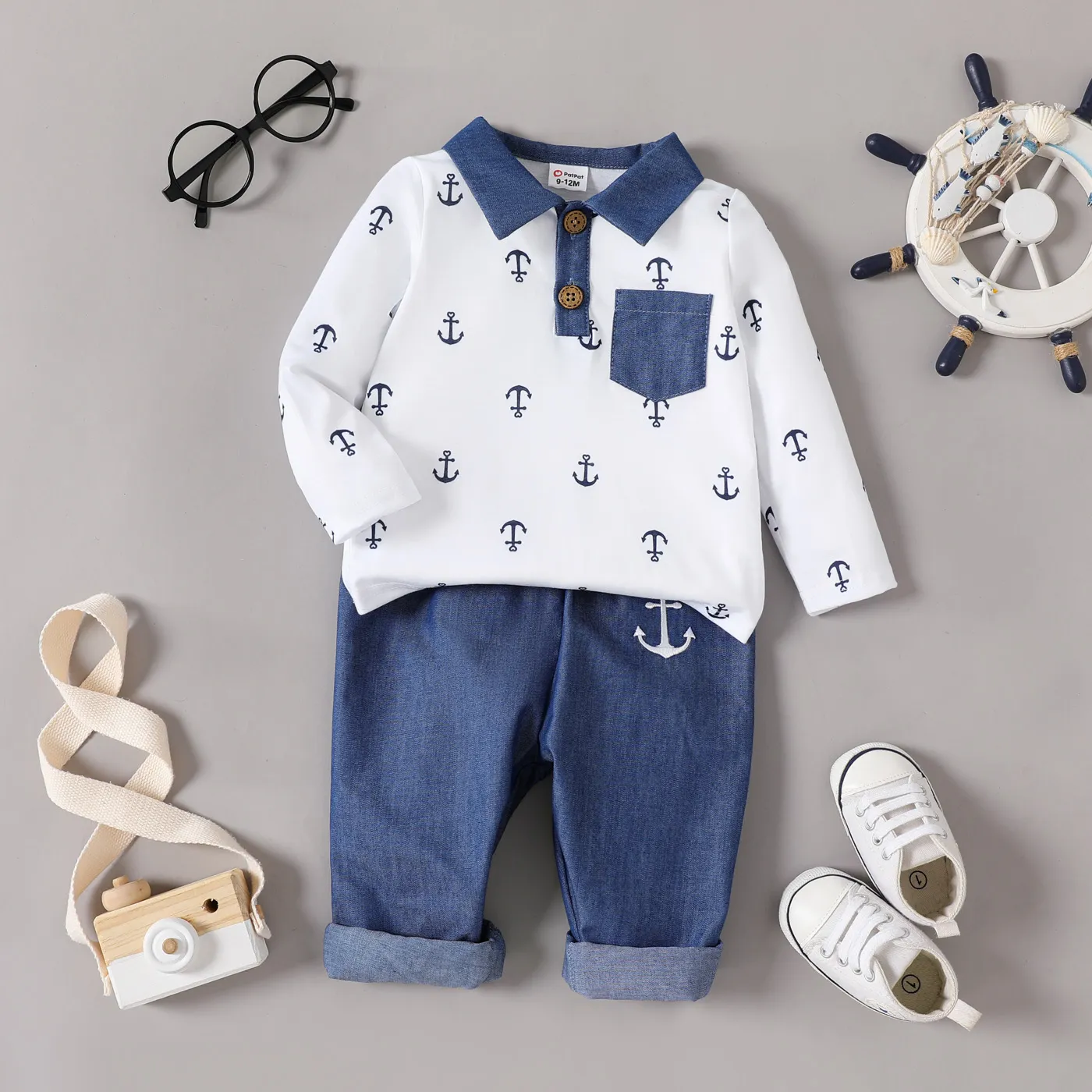 

2pcs Baby Boy Allover Anchor Print Long-sleeve Contrast Collar Top and Pants Set