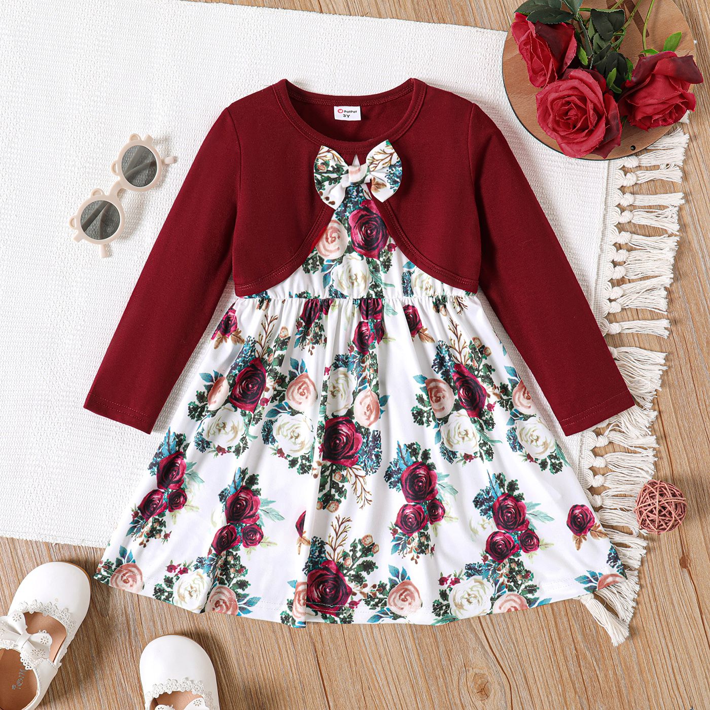 

Toddler Girl Faux-two Floral Print Bowknot Design Long-sleeve Dress