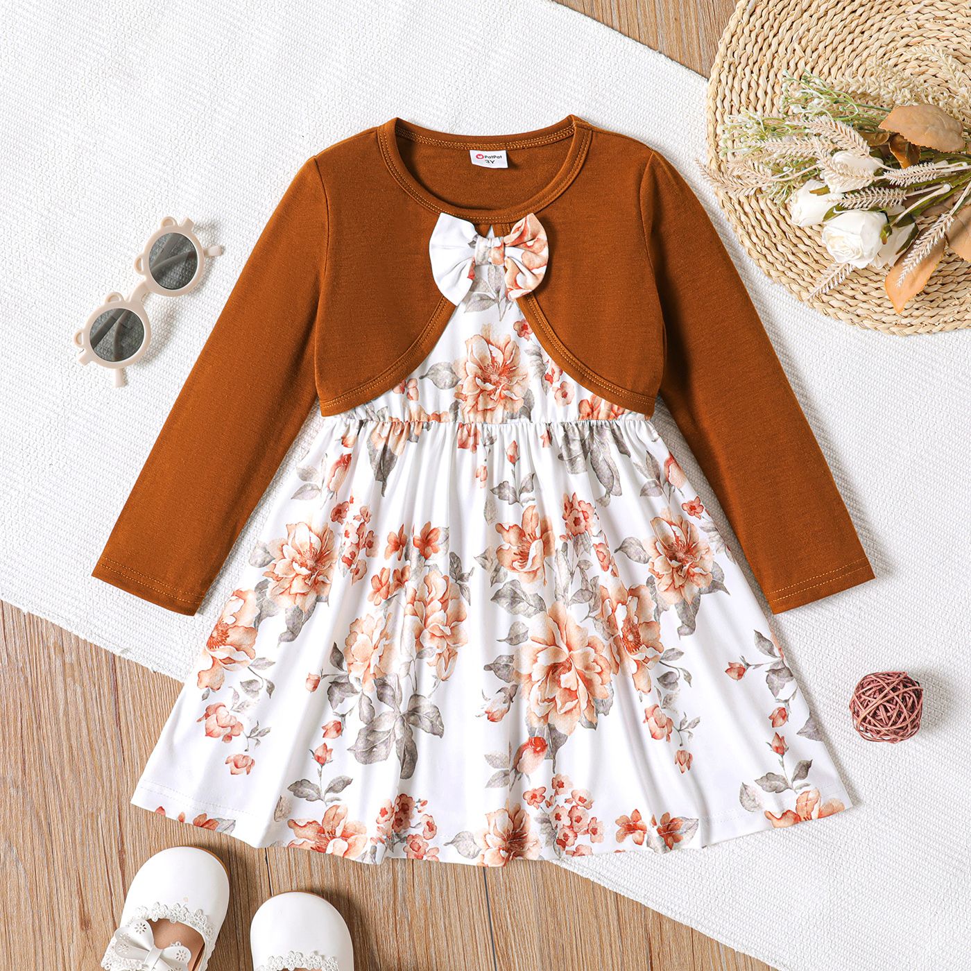

Toddler Girl Faux-two Floral Print Bowknot Design Long-sleeve Dress