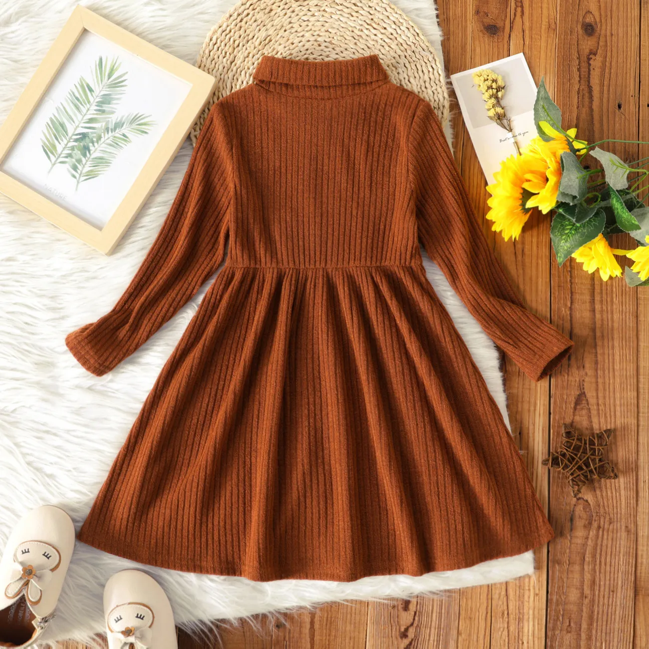 Toddler Girl Turtleneck Solid Color Ribbed Long-sleeve Dress Brown big image 1