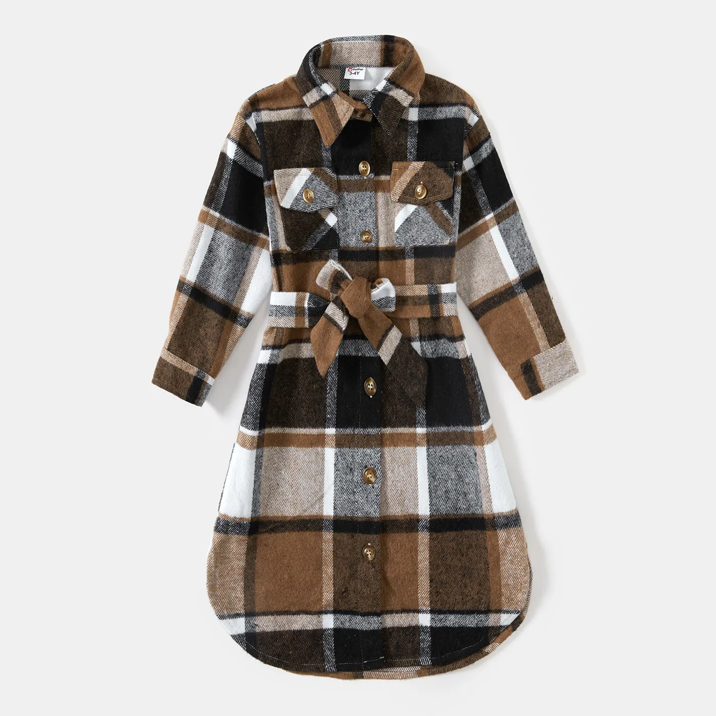 Family Matching Long-sleeve Button Up Coffee Plaid Shirts and Dresses Sets Coffee image 6